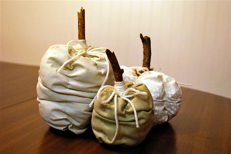 Set of 3, Handmade Primitive Ruffled Off White Pumpkins