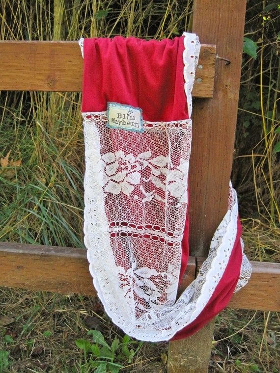 Heidi Beth Loopdy Scarf in fall red jersey, vintage lace panel, & vintage lace trim