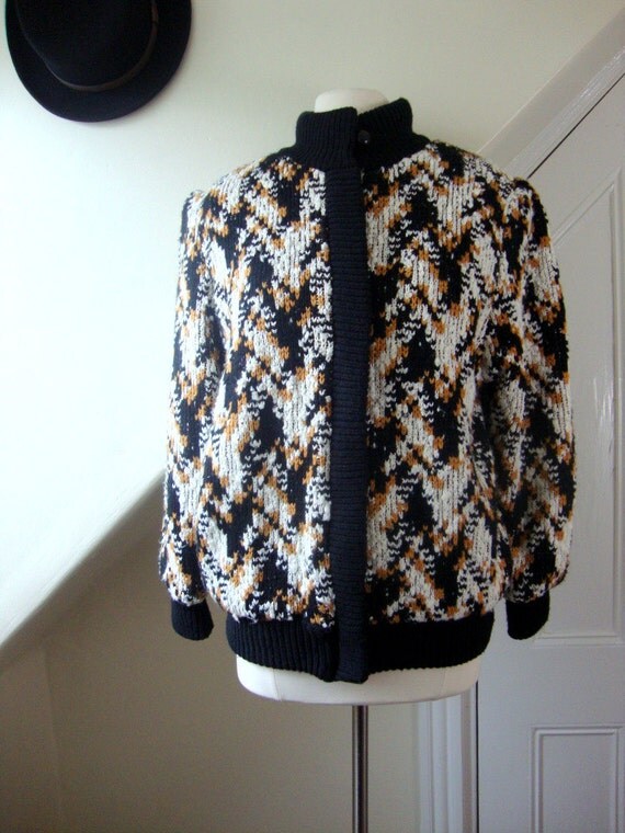 heavy jacket in black and orange knit print / 1980s / m/l