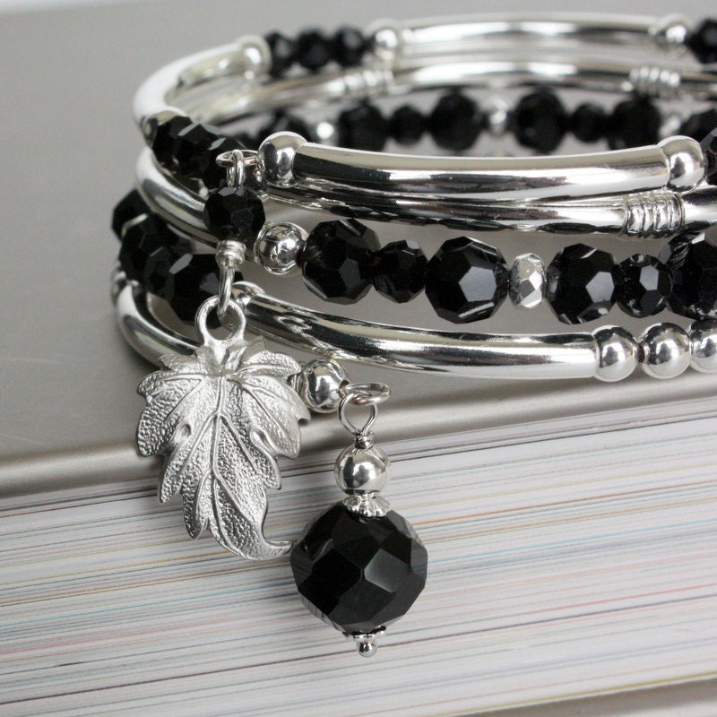 Black Bracelet, Black Crystal Memory Wire Bracelet with Ivy Leaf Charm, Silver Bangle Bracelet.