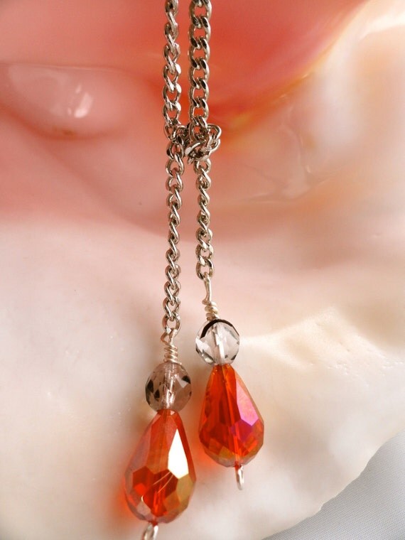 ON SALE - Flame Red Orange Czech Crystal Lariat Chain Necklace