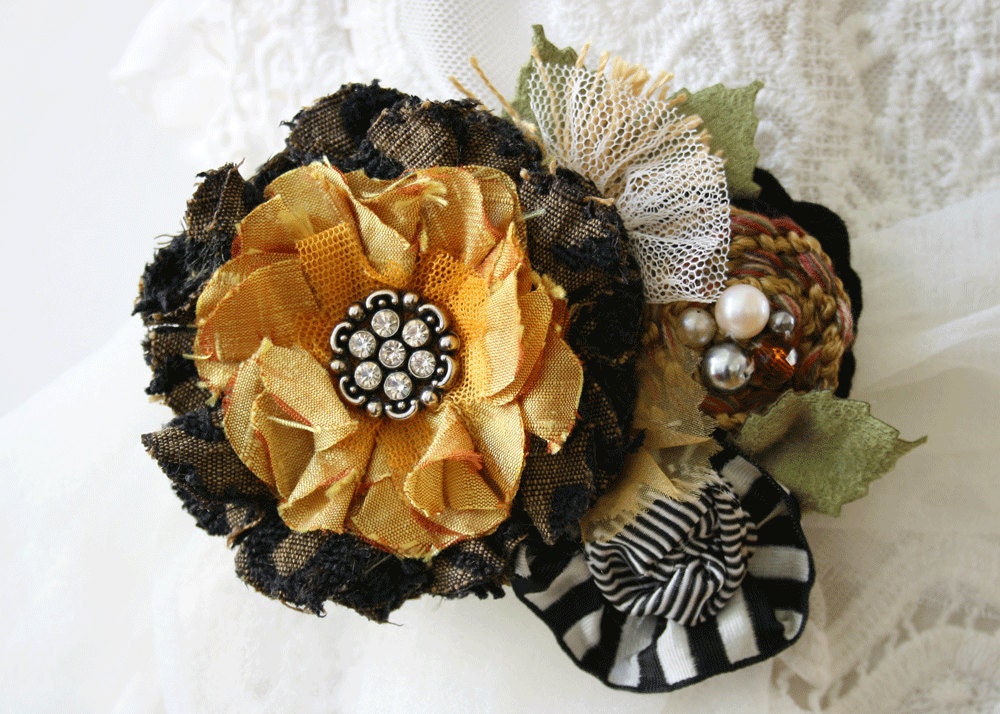 Fabric Flower Dress Pin Corsage Sash in Autumn Gold, Black and White Bouquet