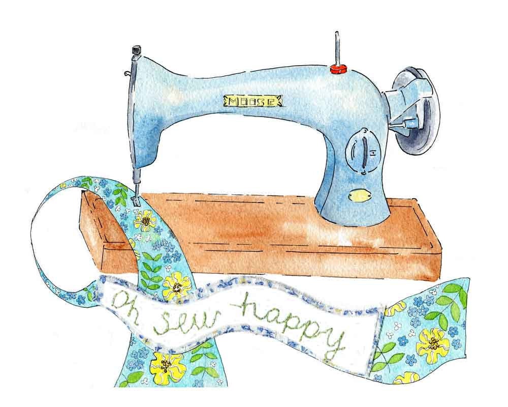Retro Vintage Style Art Print  "Oh Sew Happy" Sewing Machine green yellow blue Poster 8" x 10"