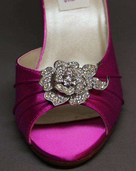 Wedding Shoes Fuschia Pink Wedding Peeptoes with Silver Crystal Rose 