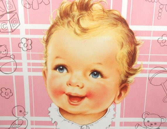 Vintage Baby Girl Wrapping Paper Pink Face Toys One Sheet