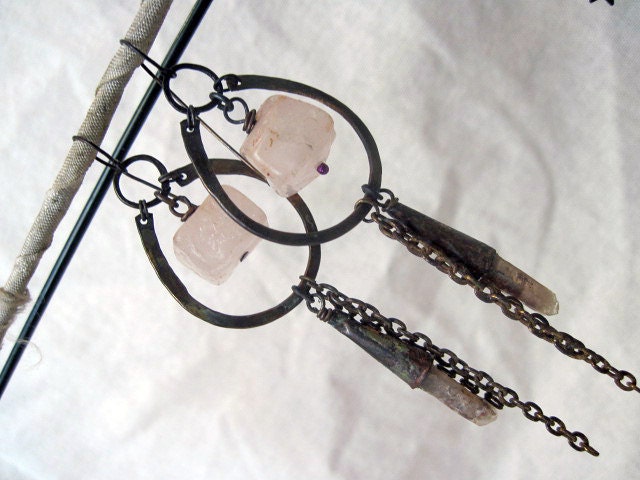 Though my own place be in hell. Rustic Gypsy Rose Quartz Assemblage Earrings