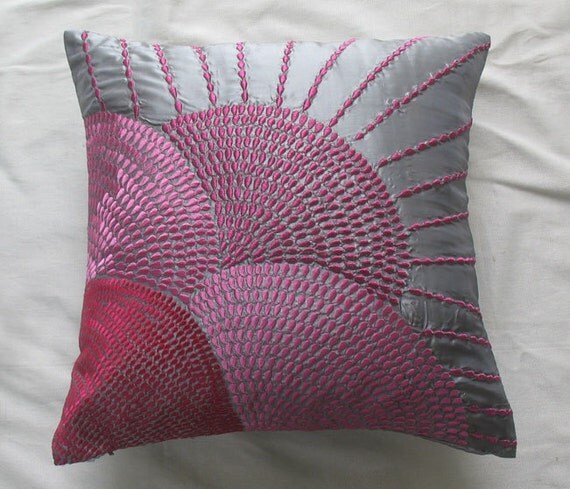 silver decorative throw pillow cover with pink circle embroidery 18 inch cushion cover
