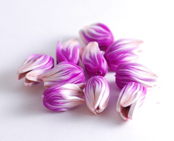 Handmade polymer clay beads - purple flower buds - 10 pcs - Made to order