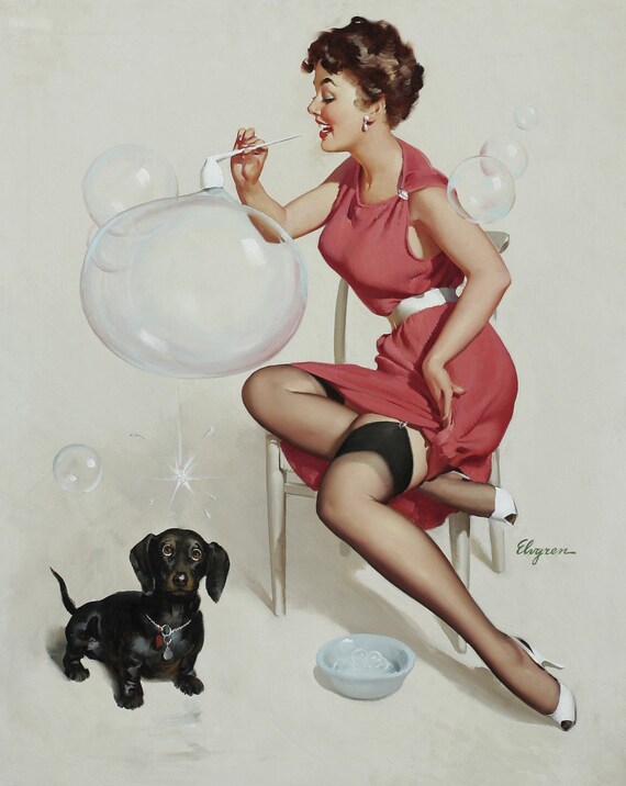 Free US shipping Handprinted Cotton Art Reprodn Applique Vintage Sexy Pin-up Girl Gil Elvgren "Neat trick" , 1958