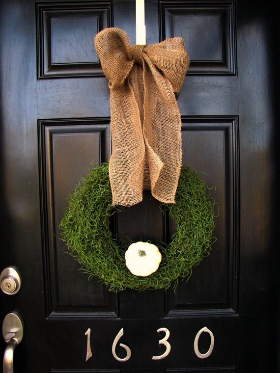Fall Wreath - Shabby Chic Pumpkin and Moss Wreath with Burlap