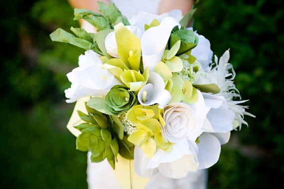 White and Green Handmade Paper Flower Wedding Flowers/Bridal Bouquet-- almost SPRING SALE 20% off