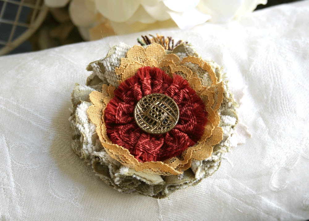 Cranberry and Sage Thanksgiving Flower Pin Brooch with Vintage Victorian Button
