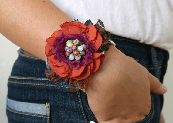 Fabric Floral Cuff Bracelet Wrist Corsage in Red, Purple, and Sage Green