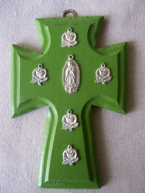 Handpainted Wood Cross Green with Virgen de Guadalupe Rose Milagros 