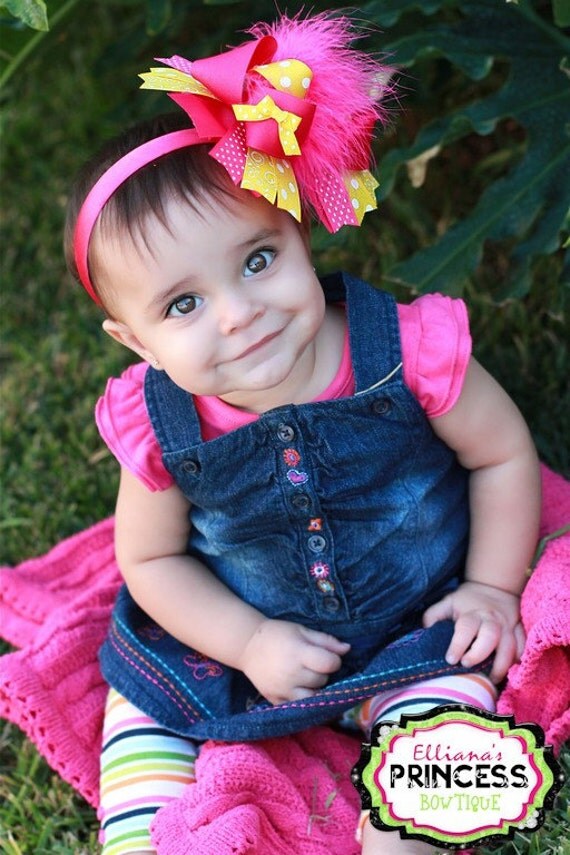 Shocking Pink & Yellow Over The Top Hair Bow-over, top, hair, bow, head