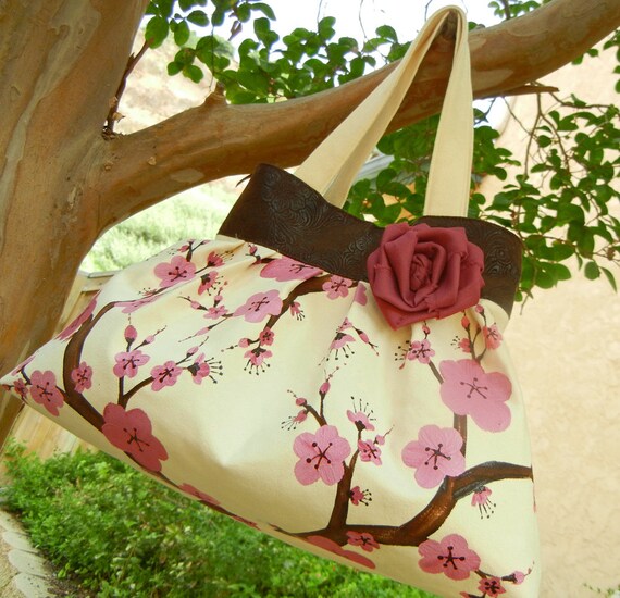 Ultrasuede Hand Painted Pleated Handbag with PInk Cherry Blossoms on Ivory Suede with Faux Leather Trim
