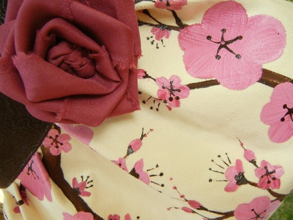 Ultrasuede Hand Painted Pleated Handbag with PInk Cherry Blossoms on Ivory Suede with Faux Leather Trim