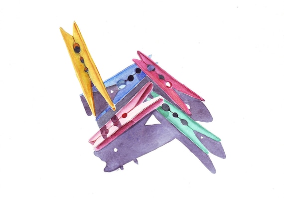 Laundry Pegs  Archival print of watercolor painting