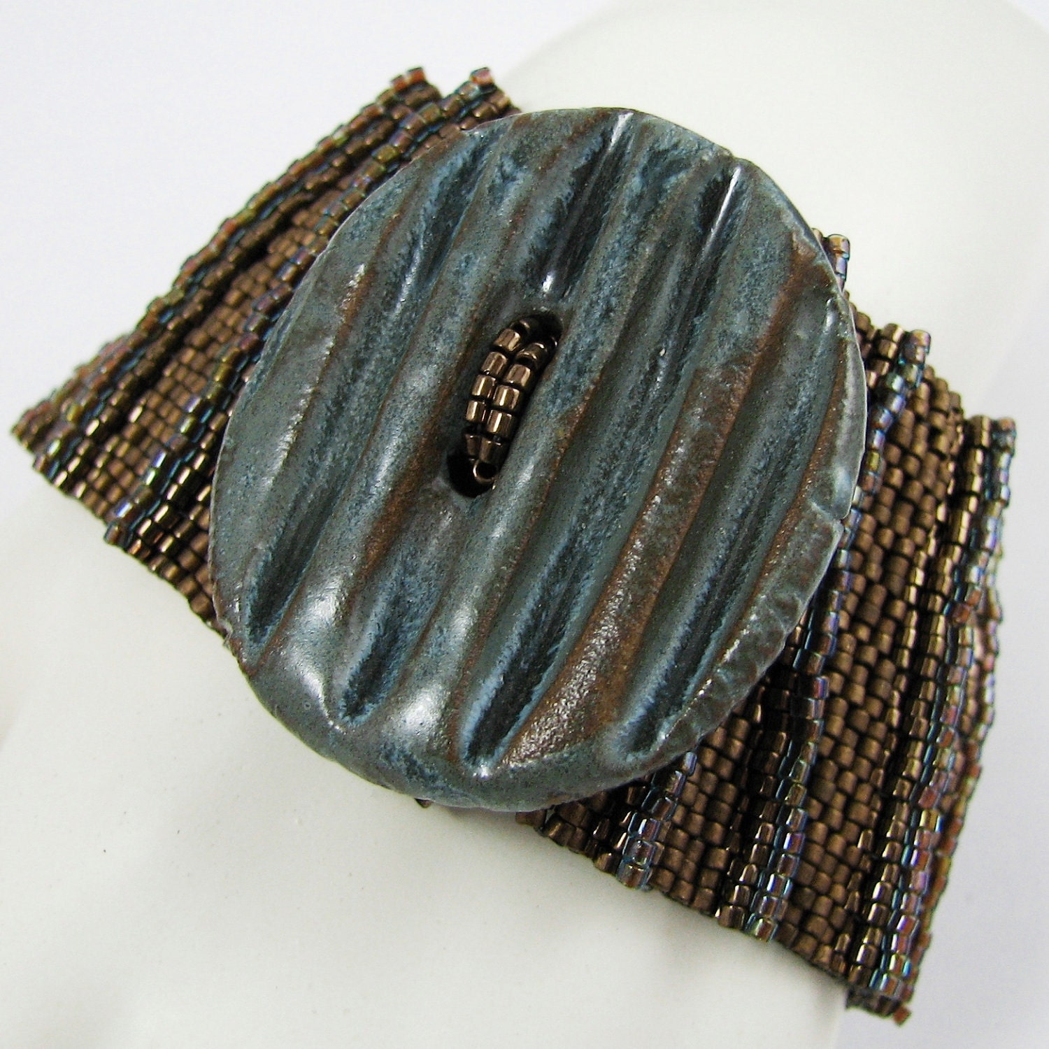 Ridged Transitions in Bronze and Aqua  Peyote Cuff / Peyote  Bracelet (2603) - A Sand Fibers Creation