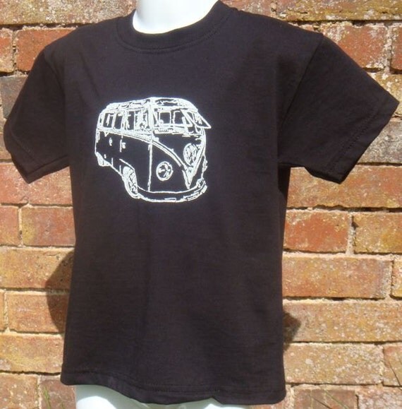 Childrens Black T-shirt, decorated with hand painted camper vans from ages 1 - 8 yrs