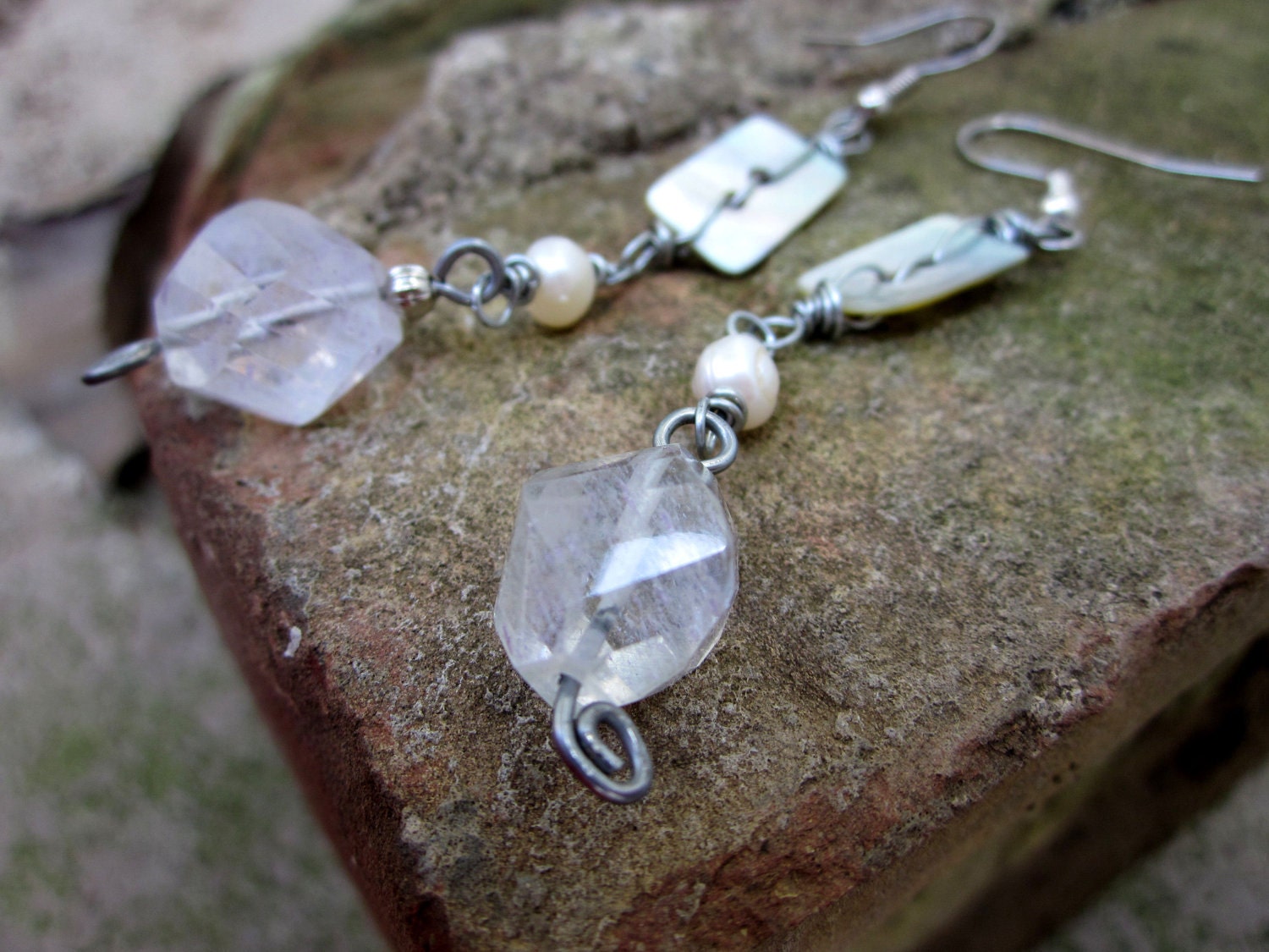 Cream Stone earrings, Faceted aquamarine gemstone Mother of pearl button - Faerie Glade