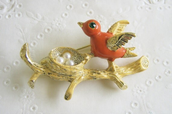 ON SALE  Bird and Nest Vintage Brooch Gerry's Signed Enamel Pin