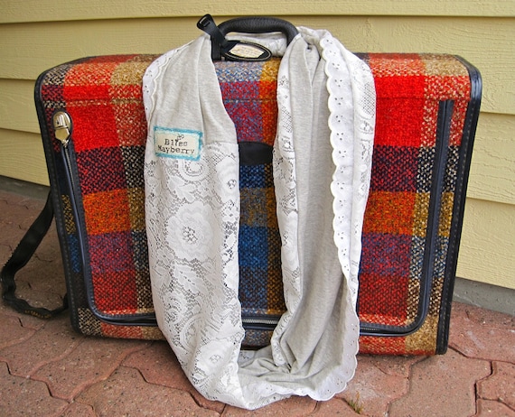 Heidi Beth Loopdy Scarf in super soft oatmeal grey jersey, upcycled white vintage lace, & vintage lace trim