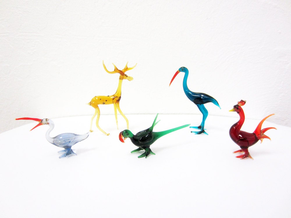 vintage Hand blown Glass Animals collection delicate lines 4 Birds and a Deer Murano style Glass Menagerie
