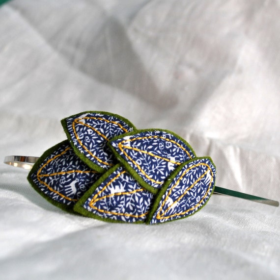 Leaf Headband - Navy, Mustard Yellow and Green - Vintage Fabric