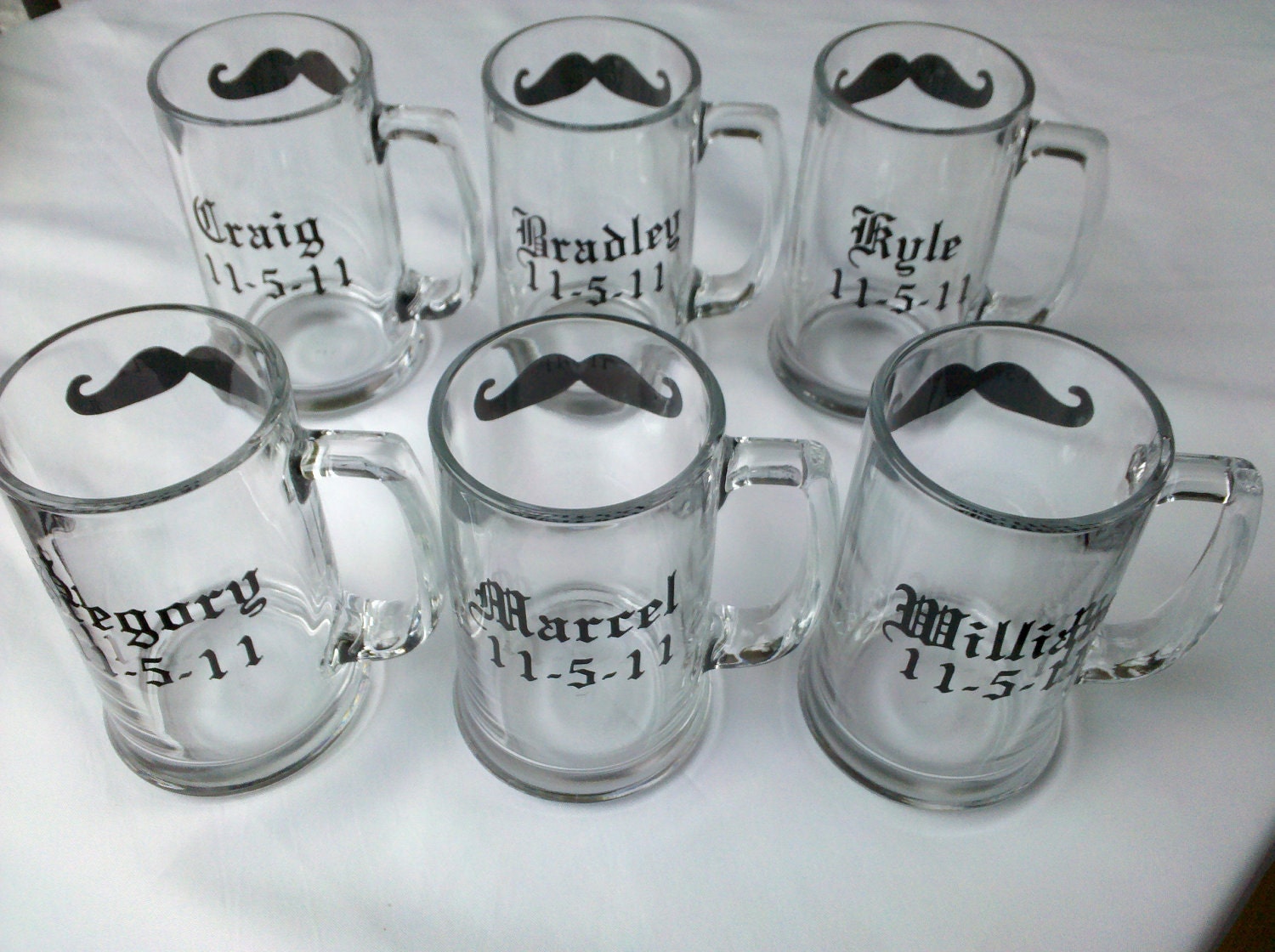 Gift for Groomsmen beer mugs, 6 Chalkboard mustache mugs personalized with name and wedding date