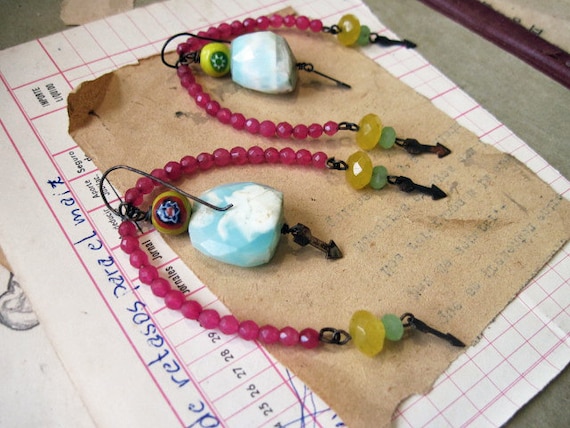 You Have Awakened. Pink, Yellow and Blue Gemstone Dangles.