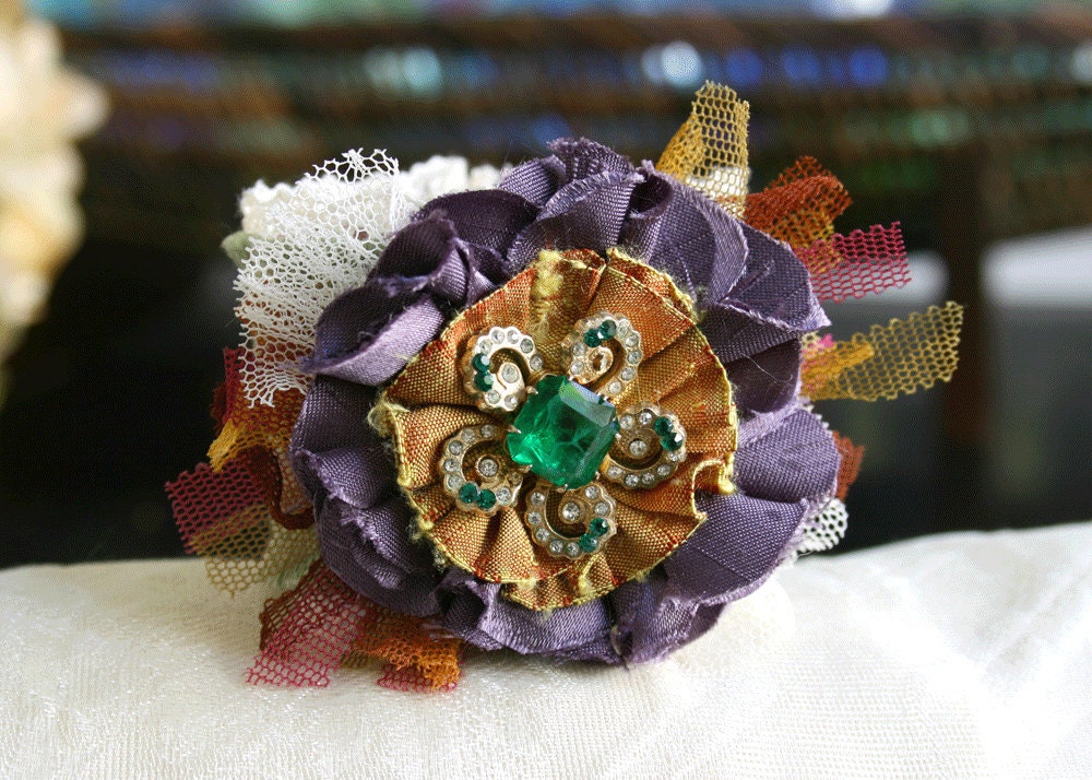 Fabric Cuff Bracelet Flower Corsage in Emerald Green and Purple