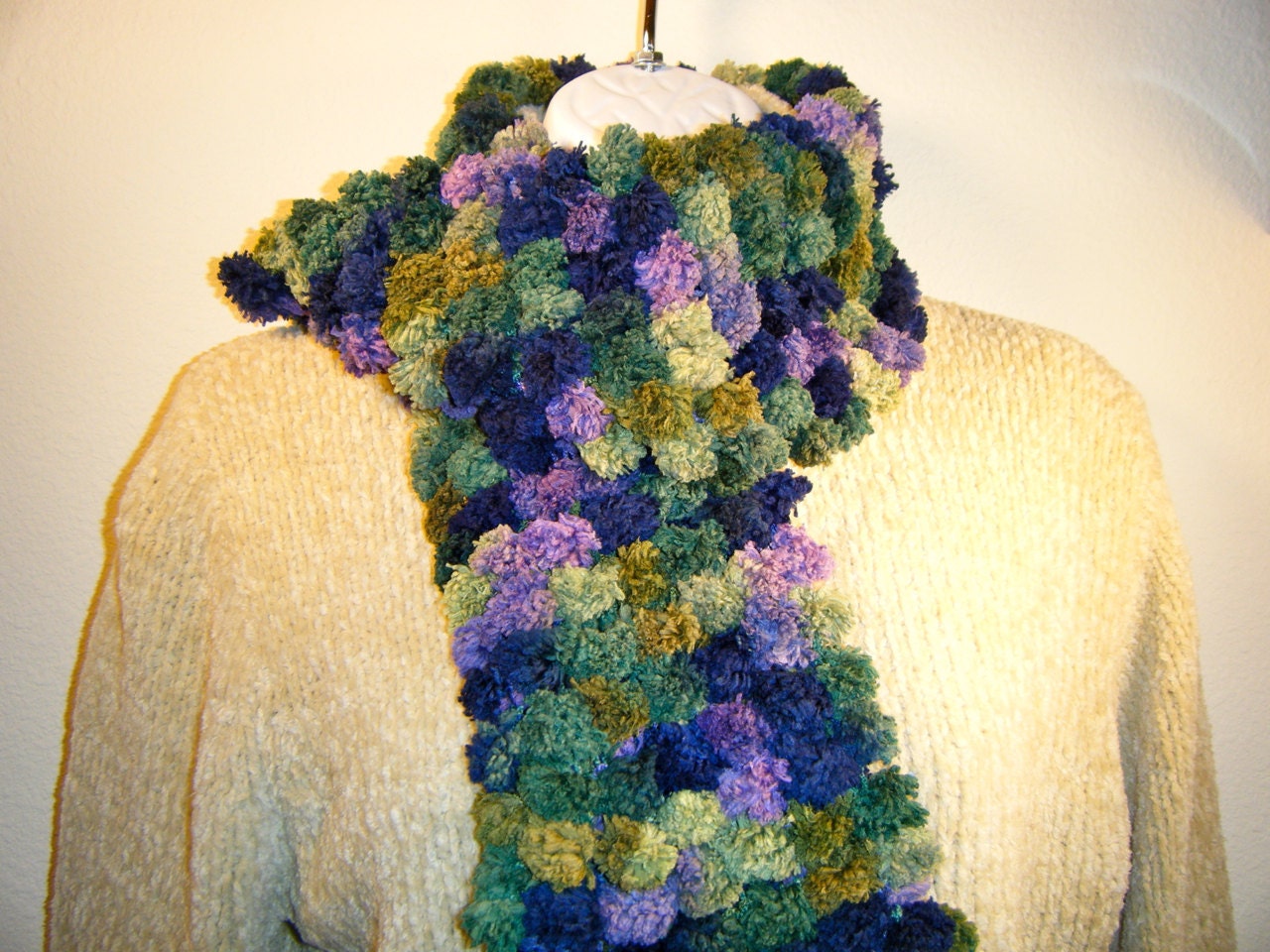 Knit Multicolor Scarf, Green Blue Purple Hand Knit Winter Scarf