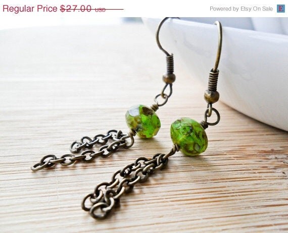 20% OFF FALL SALE Earthy Green Czech Crystal Earrings and chain on Antique Bronze, Jade Empire