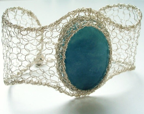 Angel Stone Cuff, Knit Wire Crochet Sterling Silver with Angelite
