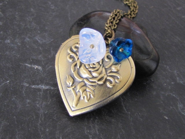 Rose heart locket necklace in antique brass