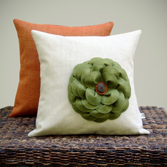 16" AUTUMN PILLOW COVER - Olive Green Felt Flower - Pumpkin Orange Coconut Button Wood Button Natural Linen Fall Decor by JillianReneDecor