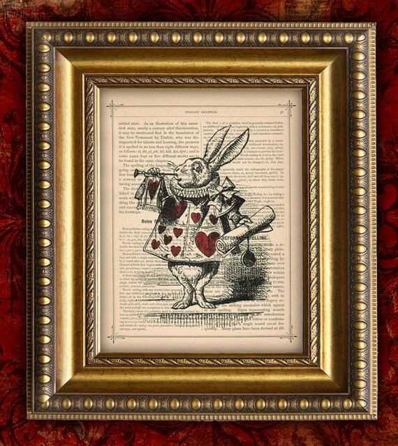 White Rabbit ALICE In WONDERLAND Vintage Art Print Book on Page Art Print or Upcycled Recycled Dictionary Page Art Print 8x10