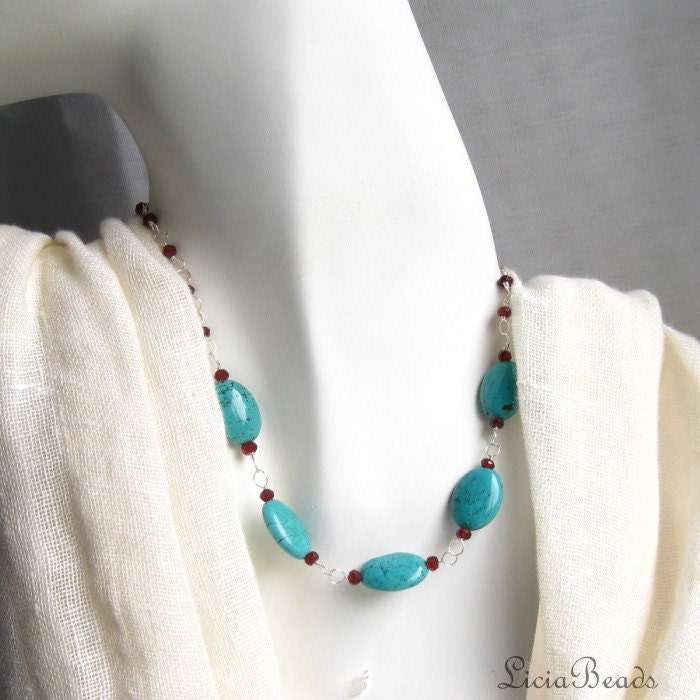 Turquoise and garnet gemstone wire wrapped chain necklace