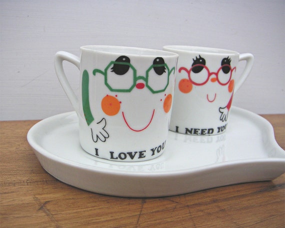 Vintage Coffee Romance Espresso Cups and Tray Set
