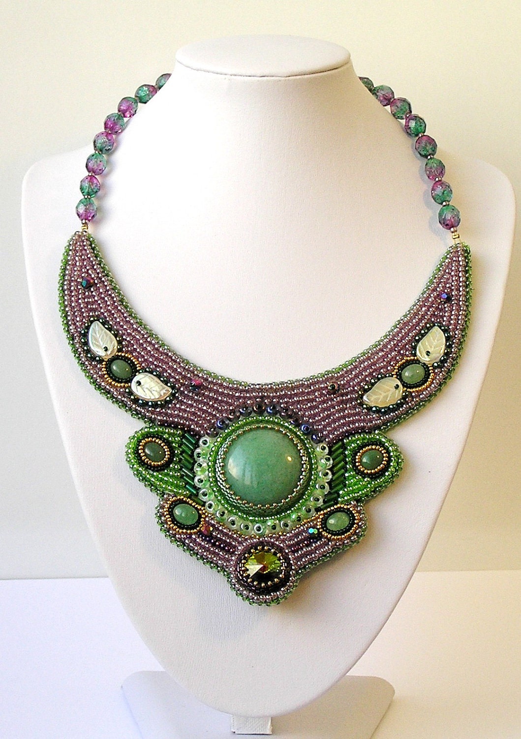 Bead embroidered necklace "Gardens Baroness Beatrice" green lilac