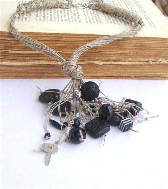 Linen necklace, black lava, organic jewelry OOAK, spring fashion, eco style necklace, statement necklace