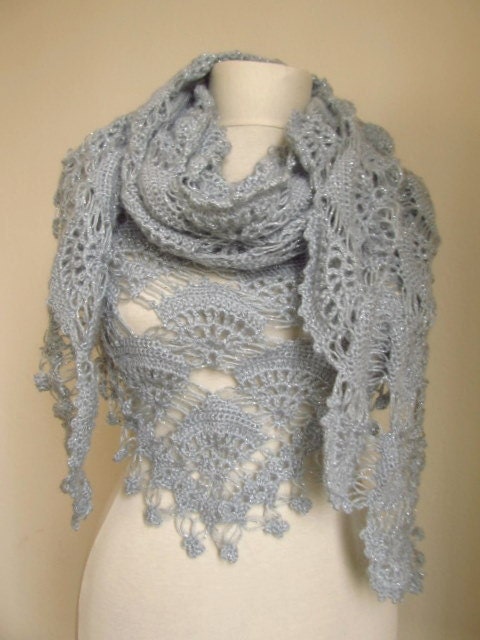 Crochet Hand Silver Glitter GREY Shawlwedding bridal shawlknitting