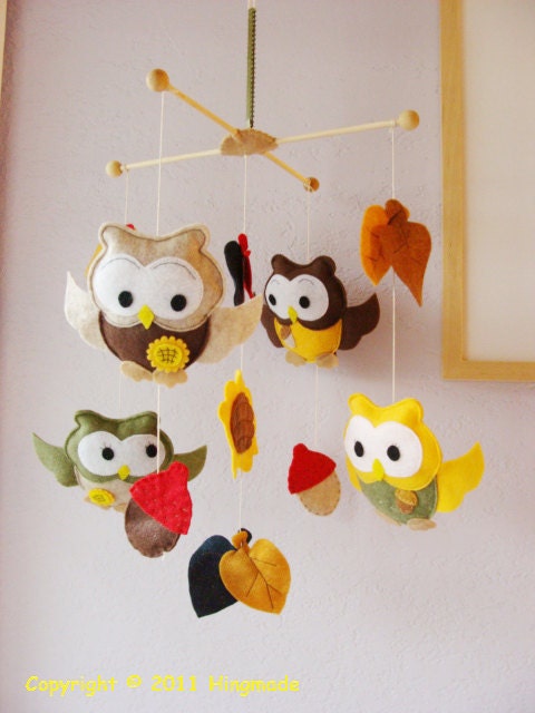 Baby Crib Mobile -- Owl family Play in Sunflower and acorns  (You can pick your colors)
