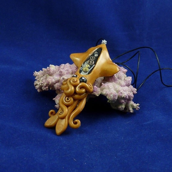 Brass Steampunk Squid Necklace - Polymer Clay Neo-Victorian Jewelry