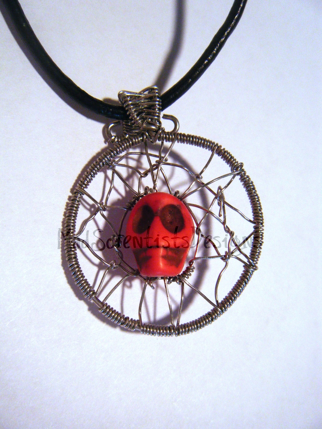 Help Me Skull In Web Pendant 001Red Silver by MadScientistsDesigns