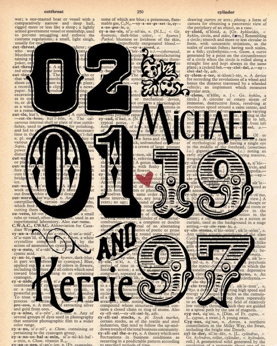 Custom Wedding Anniversary Dates and Names Art on Vintage Dictionary Page