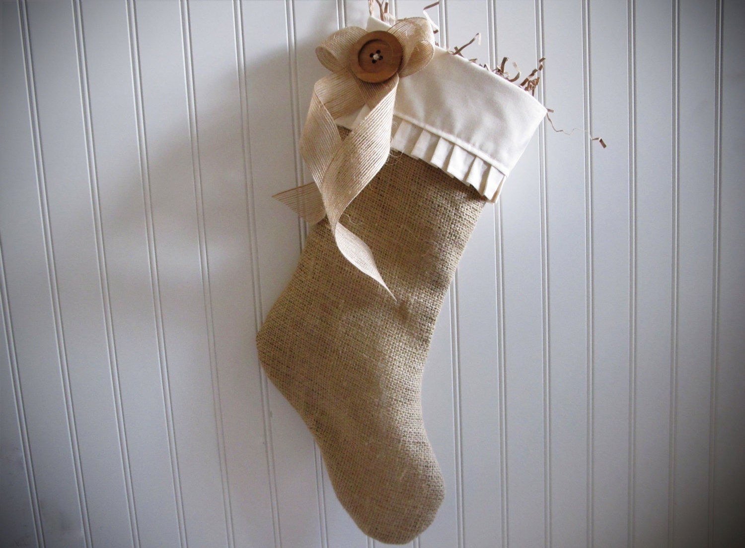 Shabby Chic Christmas Stocking in Burlap - Ships in 2012