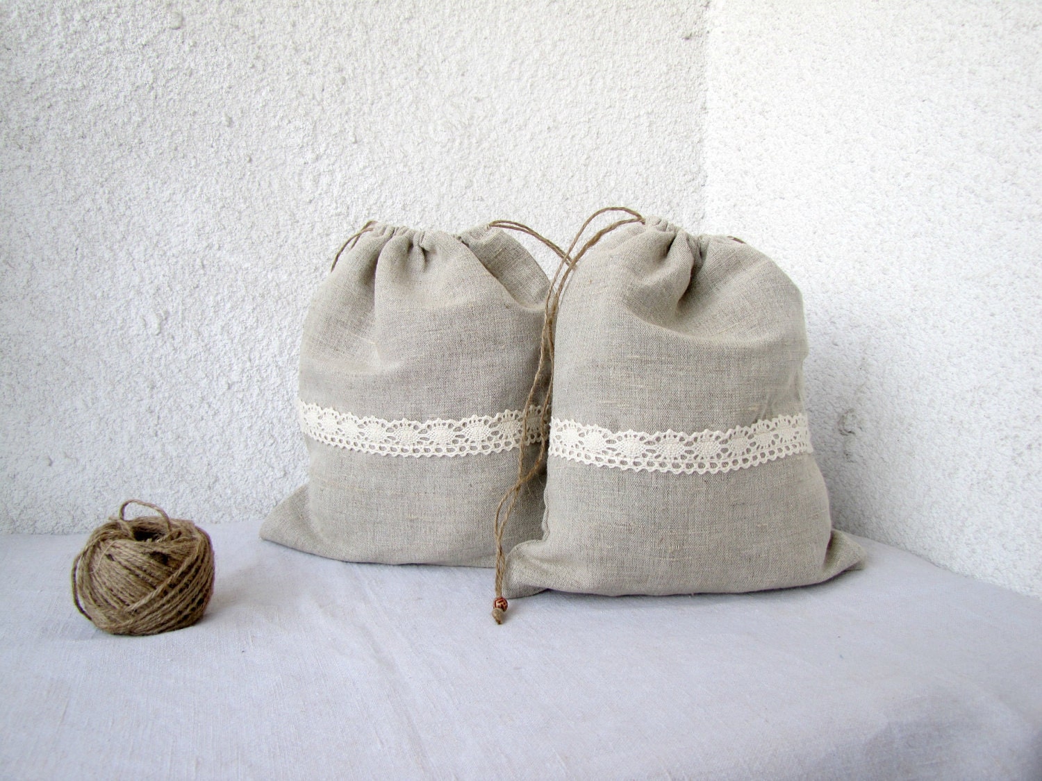 2 Linen and lace Drawstring bags, gift bag, reusable, eco friendly