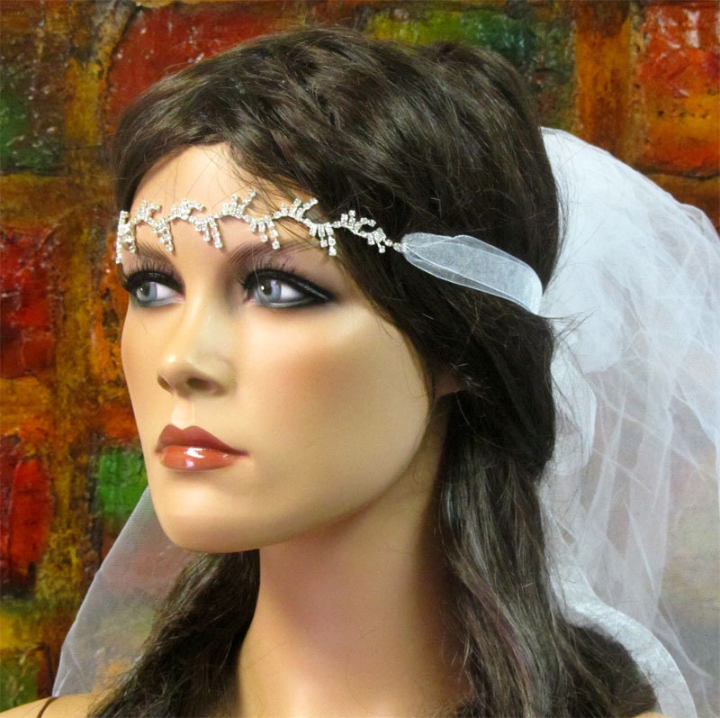 Bohemian swarovski rhinestonesribbon Sash Headband bridal headband 